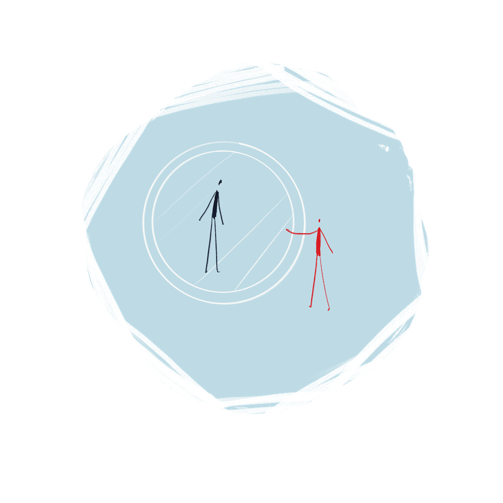 Two figures meeting in a soft blue circle, illustrating mentalization